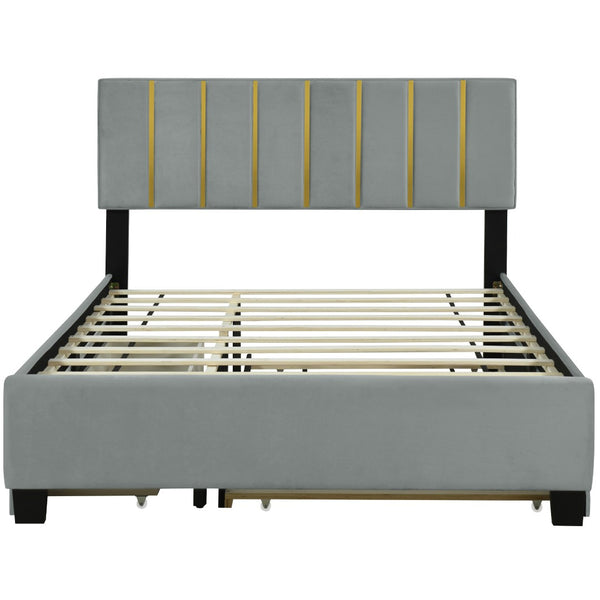 HomeRoots Gray Tufted Velvet Queen Bed Frame with Trundle & Storage Drawers for Stylish Bedroom Comfort 590431