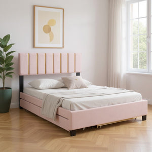 HomeRoots Pink Tufted Velvet Queen Bed Frame with Trundle & Storage Drawers - Luxurious Comfort & Style! 590432