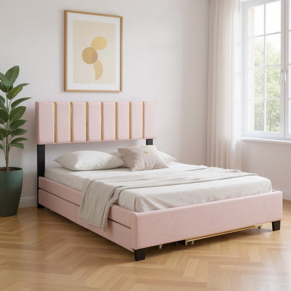 HomeRoots Pink Tufted Velvet Queen Bed Frame with Trundle & Storage Drawers - Luxurious Comfort & Style! 590432