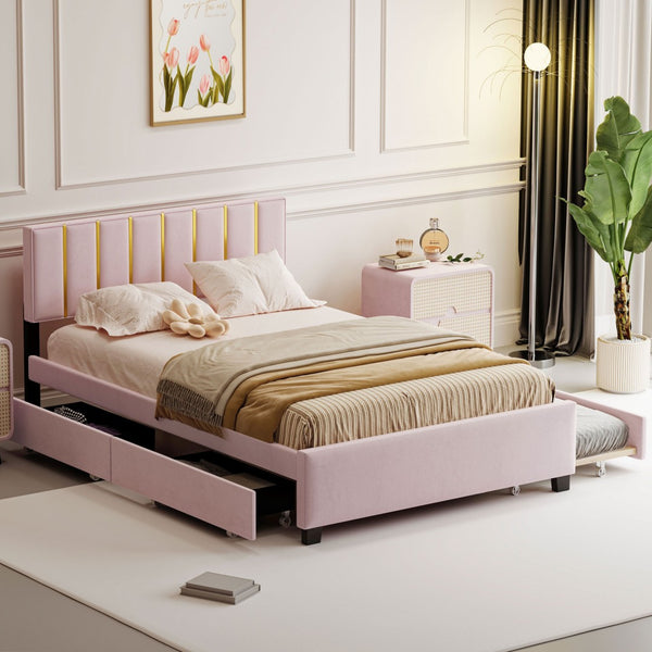HomeRoots Pink Tufted Velvet Queen Bed Frame with Trundle & Storage Drawers - Luxurious Comfort & Style! 590432