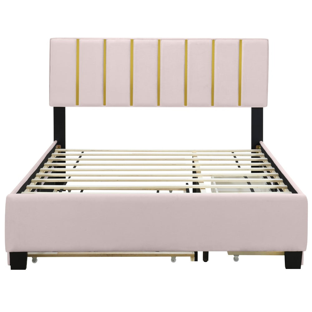 HomeRoots Pink Tufted Velvet Queen Bed Frame with Trundle & Storage Drawers - Luxurious Comfort & Style! 590432