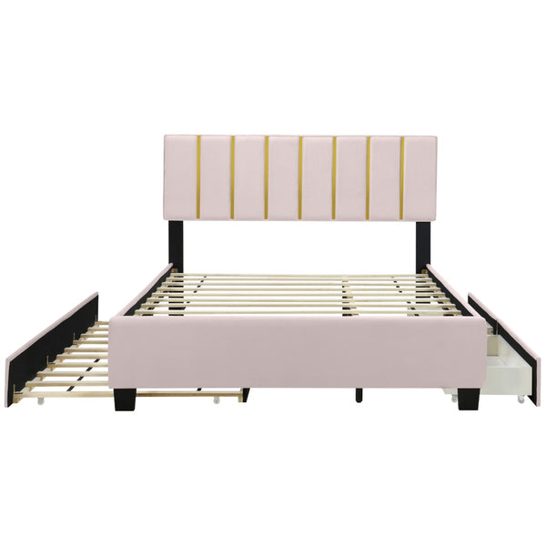 HomeRoots Pink Tufted Velvet Queen Bed Frame with Trundle & Storage Drawers - Luxurious Comfort & Style! 590432