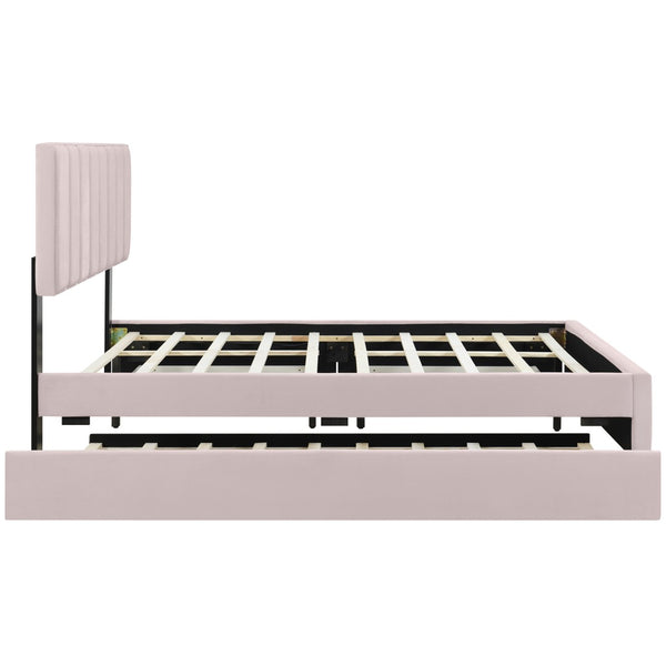 HomeRoots Pink Tufted Velvet Queen Bed Frame with Trundle & Storage Drawers - Luxurious Comfort & Style! 590432