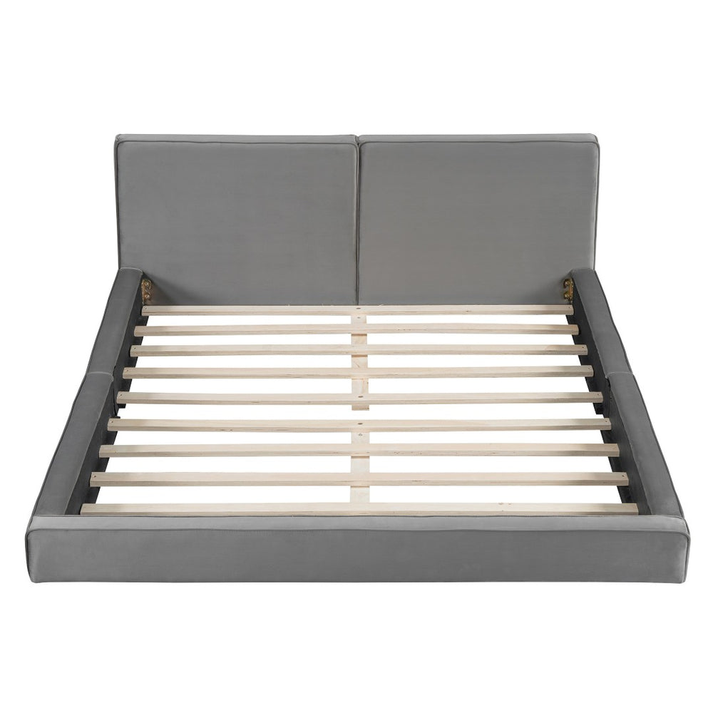 HomeRoots Gray Tufted Velvet Queen Bed Frame – Elegant Upholstered Design for Modern Bedrooms, No Box Spring Needed 590434