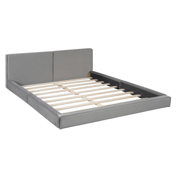 HomeRoots Gray Tufted Velvet Queen Bed Frame – Elegant Upholstered Design for Modern Bedrooms, No Box Spring Needed 590434