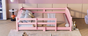 English Elm Full Montessori Pine Wood Floor Bed with Safety Rails Low Profile Kids Room Frame Pink N733P400299H