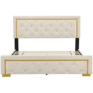 HomeRoots Beige Tufted Velvet Queen Bed Frame - Stylish Upholstered Centerpiece with Cozy Comfort & Elegance 590439