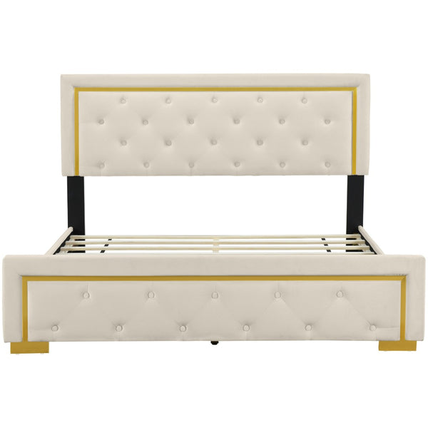 HomeRoots Beige Tufted Velvet Queen Bed Frame - Stylish Upholstered Centerpiece with Cozy Comfort & Elegance 590439