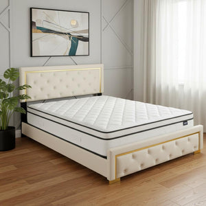 HomeRoots Beige Tufted Velvet Queen Bed Frame - Stylish Upholstered Centerpiece with Cozy Comfort & Elegance 590439