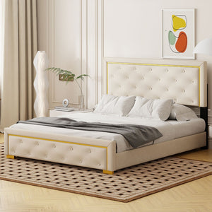 HomeRoots Beige Tufted Velvet Queen Bed Frame - Stylish Upholstered Centerpiece with Cozy Comfort & Elegance 590439