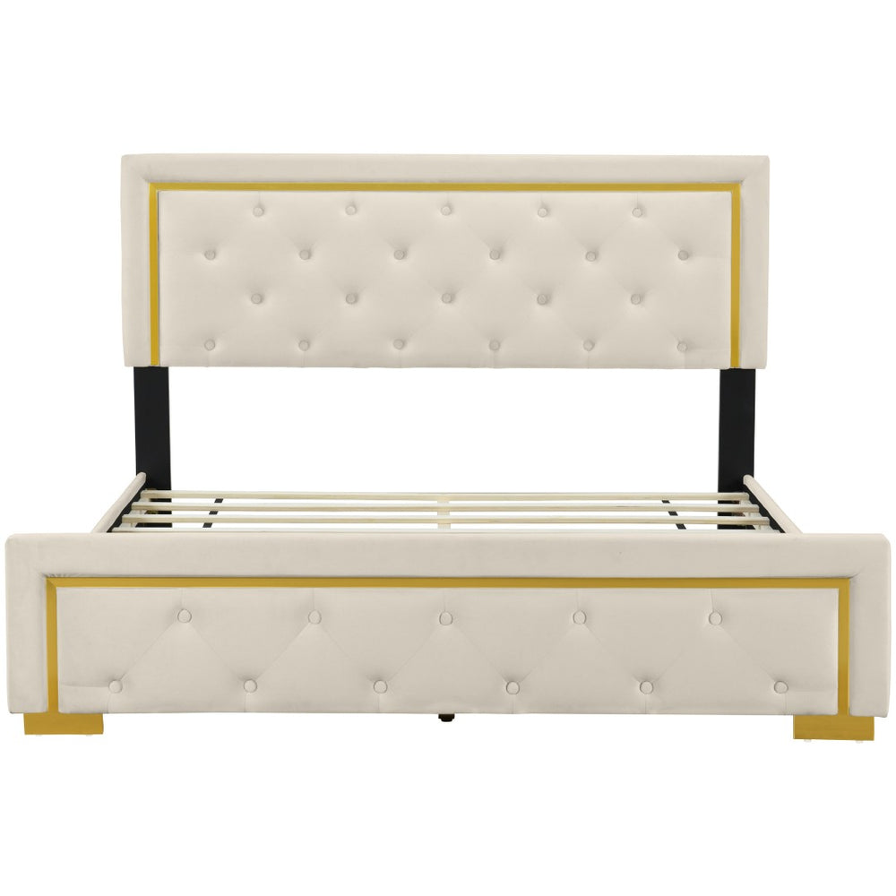 HomeRoots Beige Tufted Velvet Queen Bed Frame - Stylish Upholstered Centerpiece with Cozy Comfort & Elegance 590439