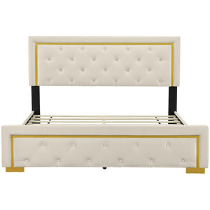 HomeRoots Beige Tufted Velvet Queen Bed Frame - Stylish Upholstered Centerpiece with Cozy Comfort & Elegance 590439