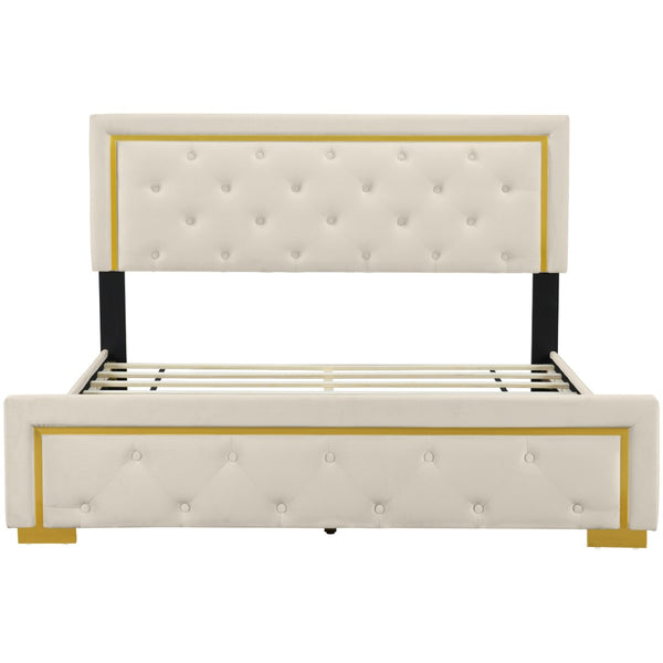 HomeRoots Beige Tufted Velvet Queen Bed Frame - Stylish Upholstered Centerpiece with Cozy Comfort & Elegance 590439