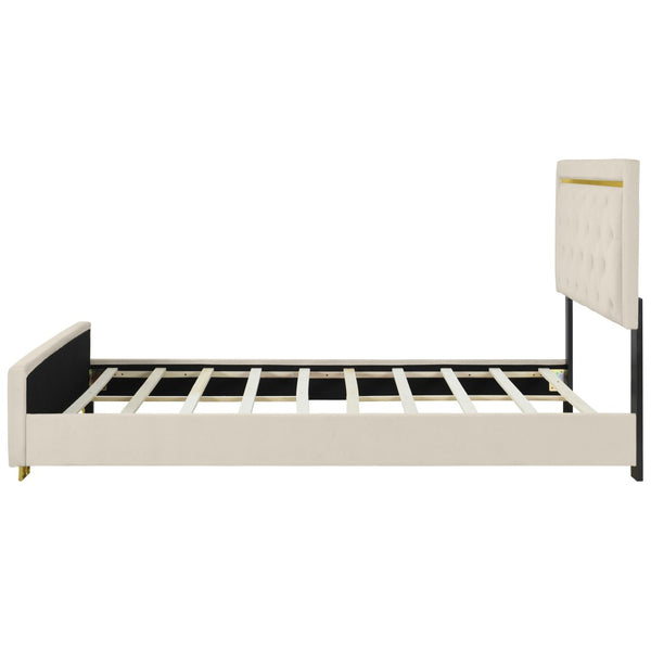 HomeRoots Beige Tufted Velvet Queen Bed Frame - Stylish Upholstered Centerpiece with Cozy Comfort & Elegance 590439