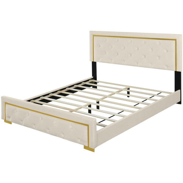 HomeRoots Beige Tufted Velvet Queen Bed Frame - Stylish Upholstered Centerpiece with Cozy Comfort & Elegance 590439