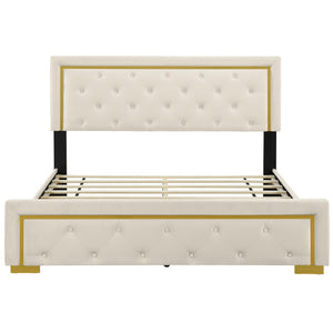 HomeRoots Beige Tufted Velvet Queen Bed Frame - Stylish Upholstered Centerpiece with Cozy Comfort & Elegance 590439