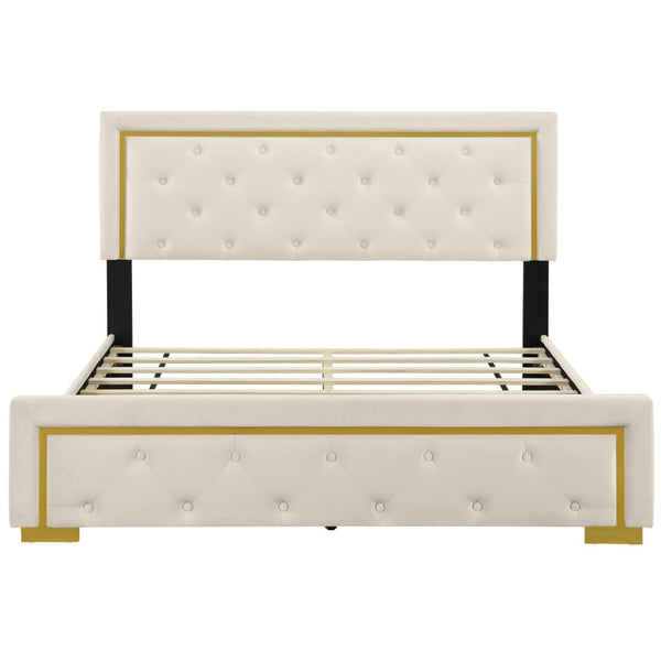 HomeRoots Beige Tufted Velvet Queen Bed Frame - Stylish Upholstered Centerpiece with Cozy Comfort & Elegance 590439