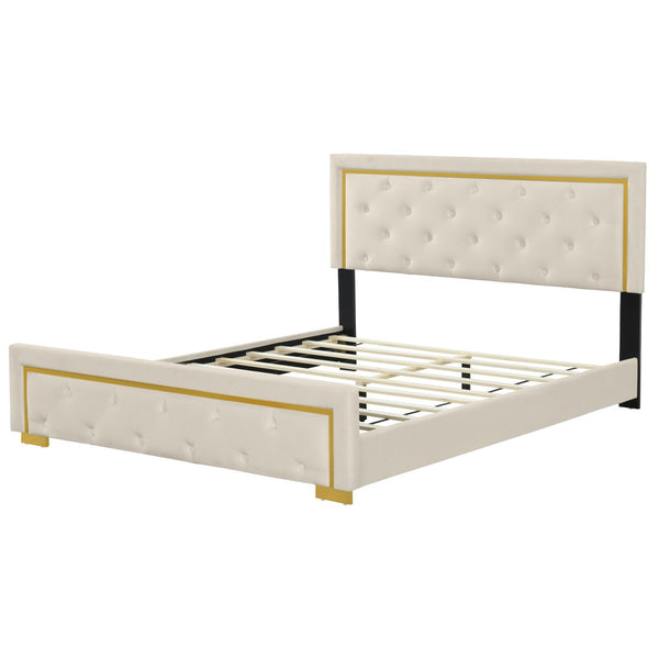 HomeRoots Beige Tufted Velvet Queen Bed Frame - Stylish Upholstered Centerpiece with Cozy Comfort & Elegance 590439