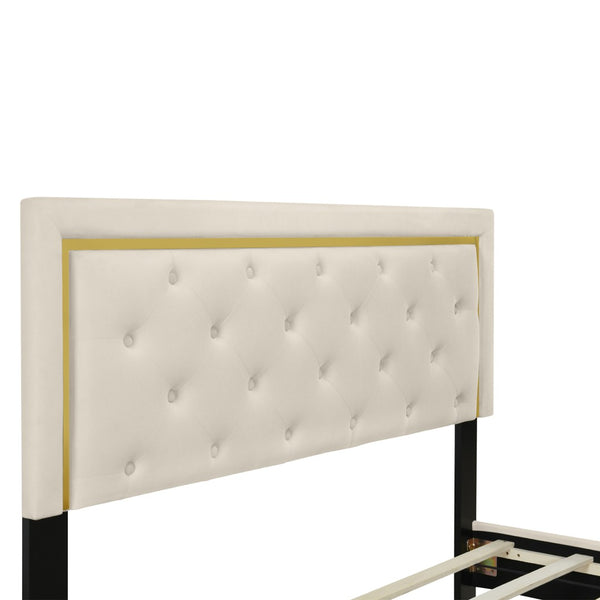 HomeRoots Beige Tufted Velvet Queen Bed Frame - Stylish Upholstered Centerpiece with Cozy Comfort & Elegance 590439