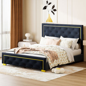 HomeRoots Black Tufted Velvet Queen Bed Frame - Modern Luxury with Plush Upholstery for Ultimate Comfort 590440