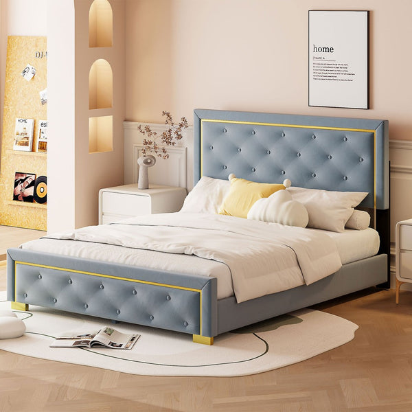 HomeRoots Gray Tufted Velvet Queen Bed Frame – Elegant, Durable Upholstered Design for Luxurious Sleep Experience 590441