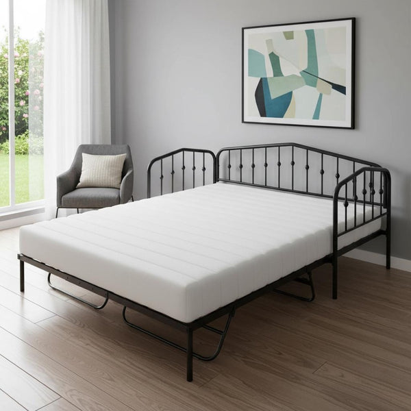 HomeRoots Black Metal Twin Bed Frame with Space-Saving Trundle for Kids & Guest Rooms - Stylish & Durable 590442