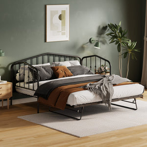 HomeRoots Black Metal Twin Bed Frame with Space-Saving Trundle for Kids & Guest Rooms - Stylish & Durable 590442
