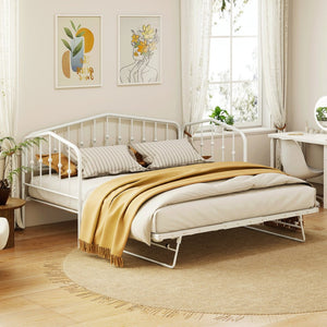 HomeRoots White Metal Twin Bed Frame with Space-Saving Trundle - Stylish, Durable, and Easy to Assemble! 590443