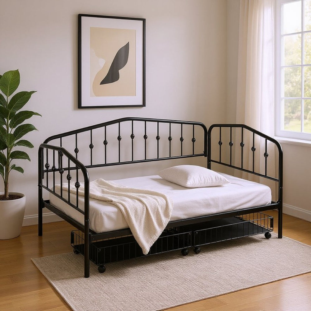 HomeRoots Black Metal Twin Bed Frame with Under-Bed Drawers – Stylish, Durable Design for Space-Saving Solutions 590444