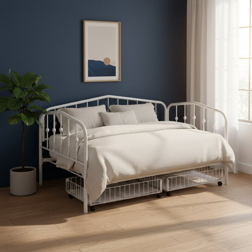 HomeRoots White Metal Twin Bed Frame with Space-Saving Drawers - Modern Design for Kids, Dorms & Small Rooms 590445