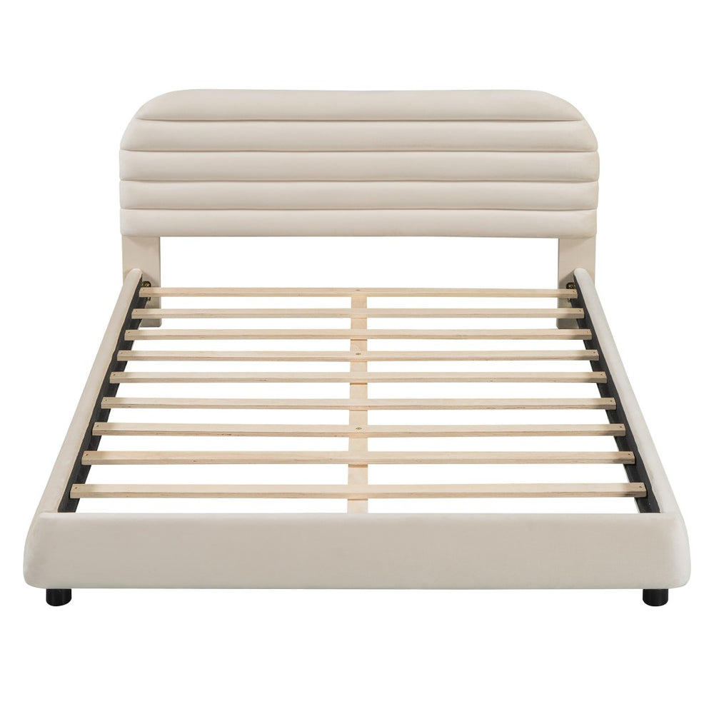 HomeRoots Beige Tufted Velvet Queen Bed Frame - Elegant Upholstered Design with Plush Comfort & Style 590446