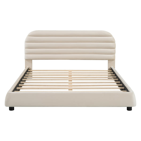 HomeRoots Beige Tufted Velvet Queen Bed Frame - Elegant Upholstered Design with Plush Comfort & Style 590446