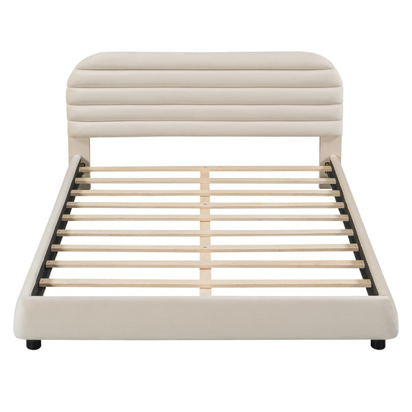 HomeRoots Beige Tufted Velvet Queen Bed Frame - Elegant Upholstered Design with Plush Comfort & Style 590446