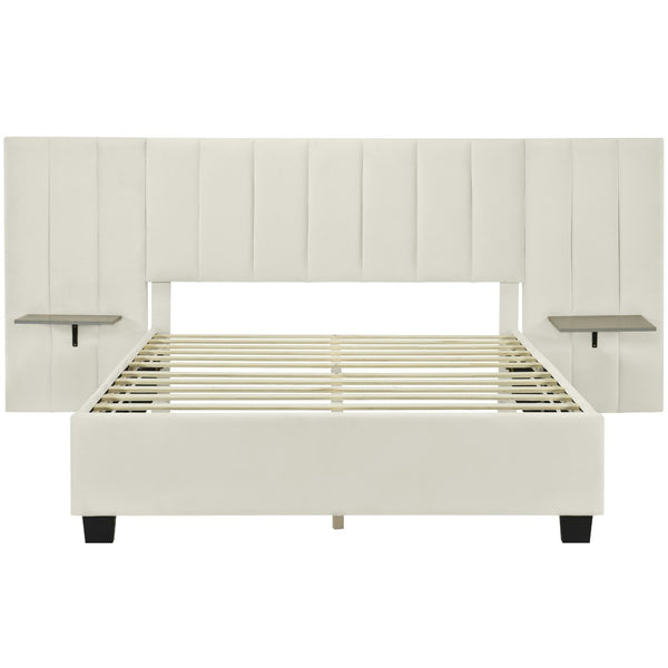 HomeRoots Beige Tufted Velvet Upholstered Queen Bed Frame - Elegant Design for Modern Comfort & Style Upgrade 590447