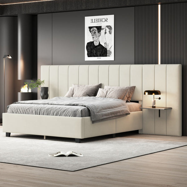 HomeRoots Beige Tufted Velvet Upholstered Queen Bed Frame - Elegant Design for Modern Comfort & Style Upgrade 590447