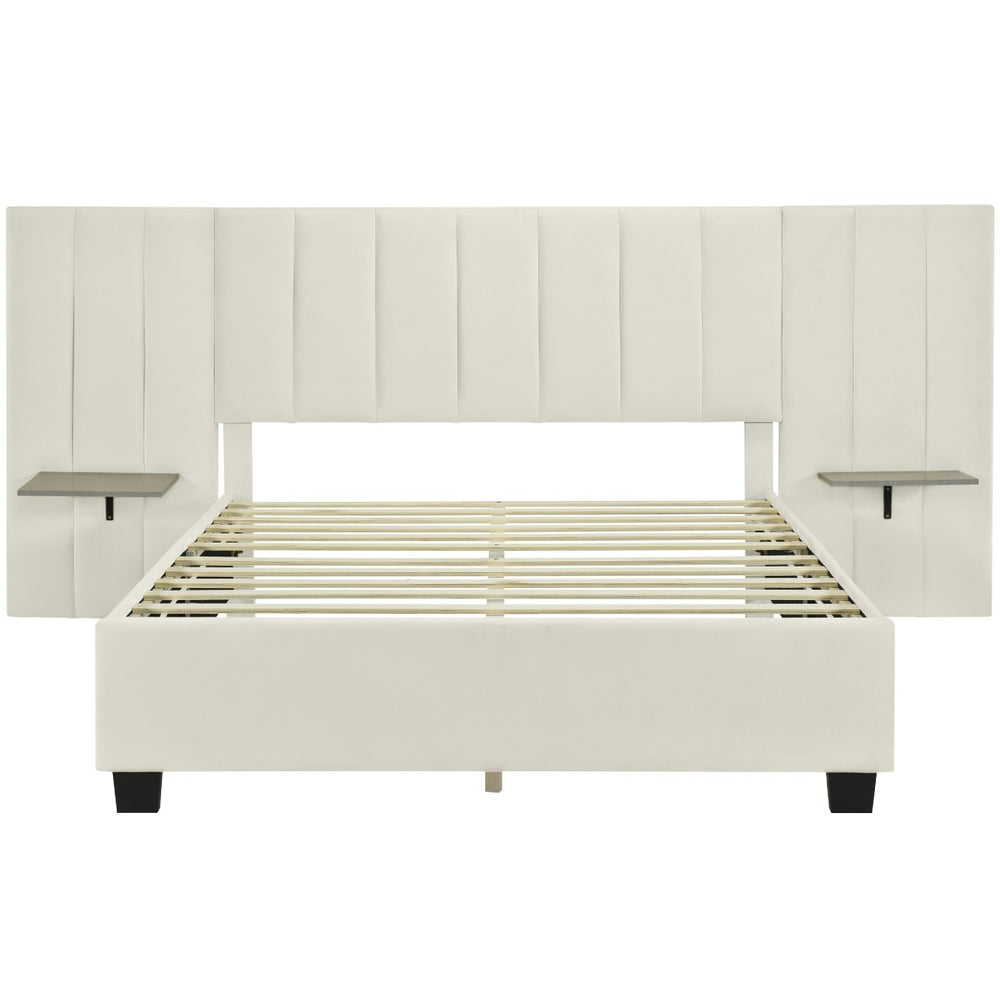 HomeRoots Beige Tufted Velvet Upholstered Queen Bed Frame - Elegant Design for Modern Comfort & Style Upgrade 590447