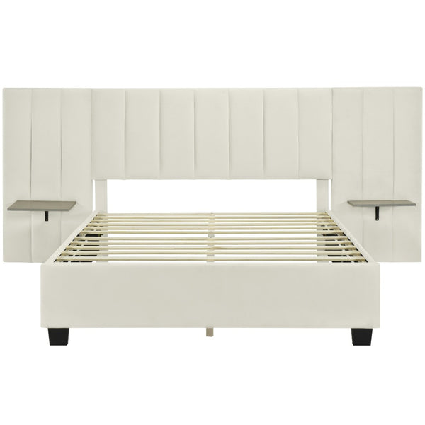 HomeRoots Beige Tufted Velvet Upholstered Queen Bed Frame - Elegant Design for Modern Comfort & Style Upgrade 590447