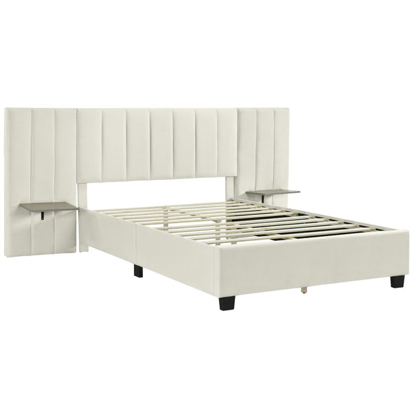 HomeRoots Beige Tufted Velvet Upholstered Queen Bed Frame - Elegant Design for Modern Comfort & Style Upgrade 590447