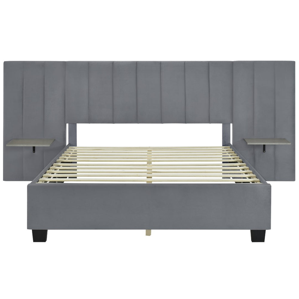 HomeRoots Gray Tufted Velvet Queen Bed Frame - Luxurious Upholstered Design for Modern Bedrooms & Comfort 590448