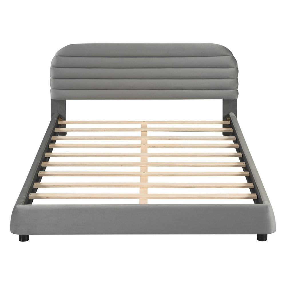 HomeRoots Gray Tufted Velvet Queen Bed Frame – Elegant Upholstered Design with Supportive Slats & Clearance 590449
