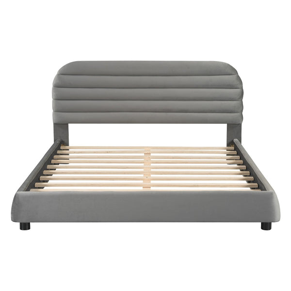 HomeRoots Gray Tufted Velvet Queen Bed Frame – Elegant Upholstered Design with Supportive Slats & Clearance 590449