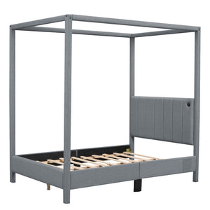 HomeRoots Gray Tufted Upholstered Full Canopy Bed - Stylish Comfort, Versatile Design & Durable Support for Dreamy Sleep 590450