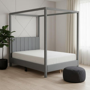 HomeRoots Gray Tufted Upholstered Full Canopy Bed - Stylish Comfort, Versatile Design & Durable Support for Dreamy Sleep 590450