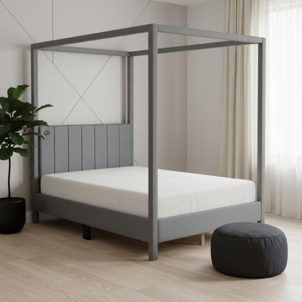 HomeRoots Gray Tufted Upholstered Full Canopy Bed - Stylish Comfort, Versatile Design & Durable Support for Dreamy Sleep 590450