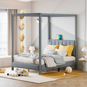 HomeRoots Gray Tufted Upholstered Full Canopy Bed - Stylish Comfort, Versatile Design & Durable Support for Dreamy Sleep 590450