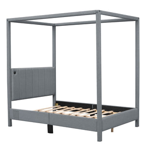 HomeRoots Gray Tufted Upholstered Full Canopy Bed - Stylish Comfort, Versatile Design & Durable Support for Dreamy Sleep 590450
