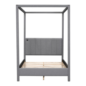 HomeRoots Gray Tufted Upholstered Full Canopy Bed - Stylish Comfort, Versatile Design & Durable Support for Dreamy Sleep 590450