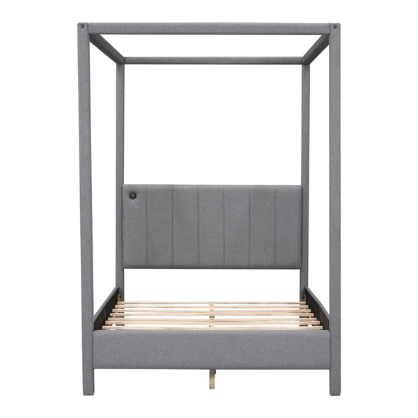 HomeRoots Gray Tufted Upholstered Full Canopy Bed - Stylish Comfort, Versatile Design & Durable Support for Dreamy Sleep 590450