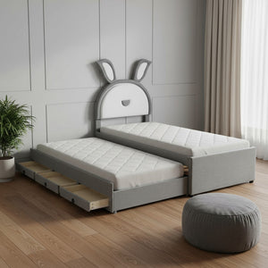 HomeRoots Gray Tufted Upholstered Twin Bed Frame with LED Lights, Trundle, and Under-Bed Storage Solutions 590451