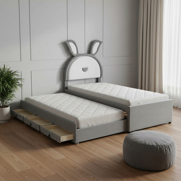 HomeRoots Gray Tufted Upholstered Twin Bed Frame with LED Lights, Trundle, and Under-Bed Storage Solutions 590451